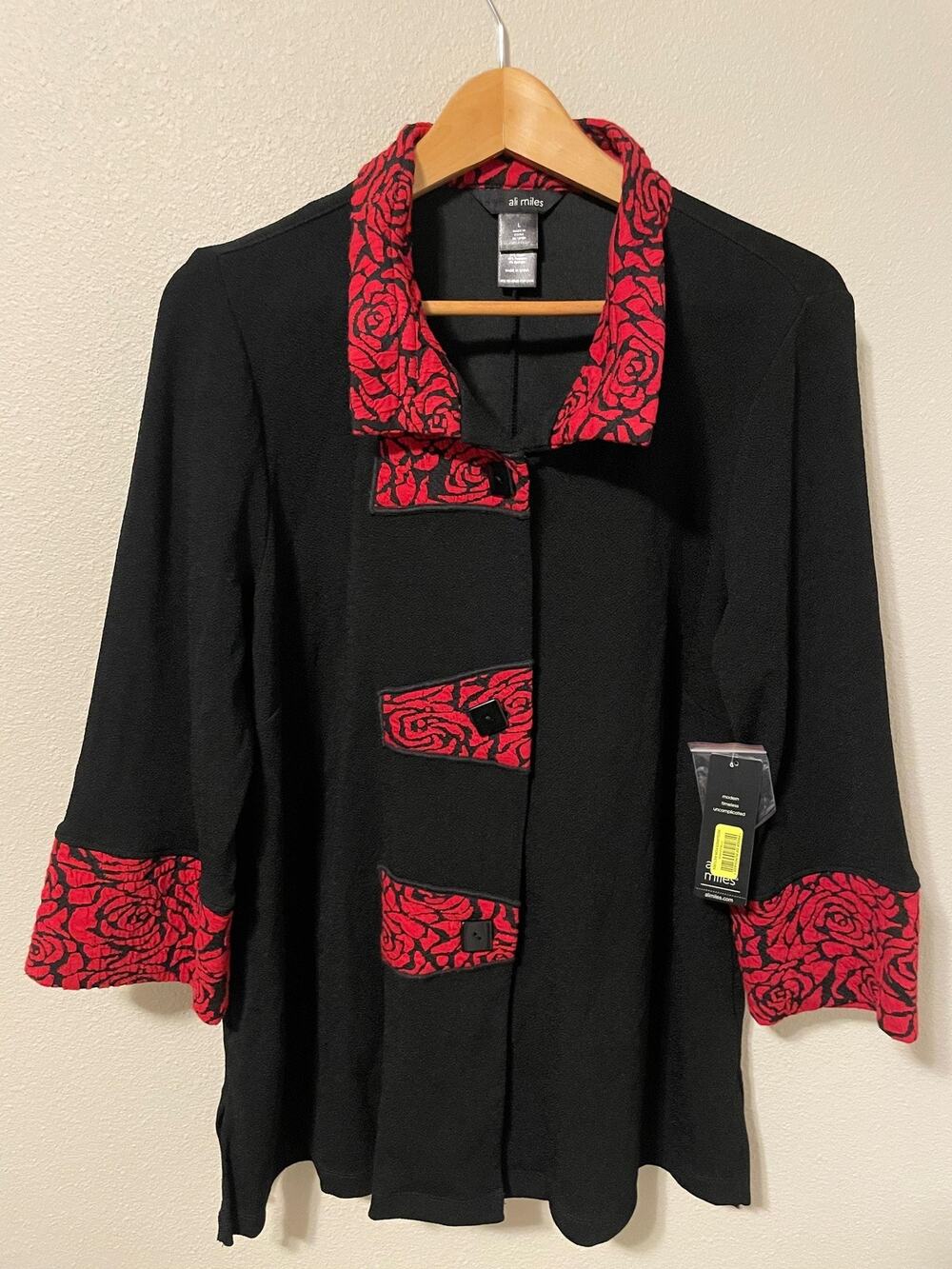 Ali Miles Jacket Womens Large Black Red Rose Trim Button Front Stretch Artsy NEW